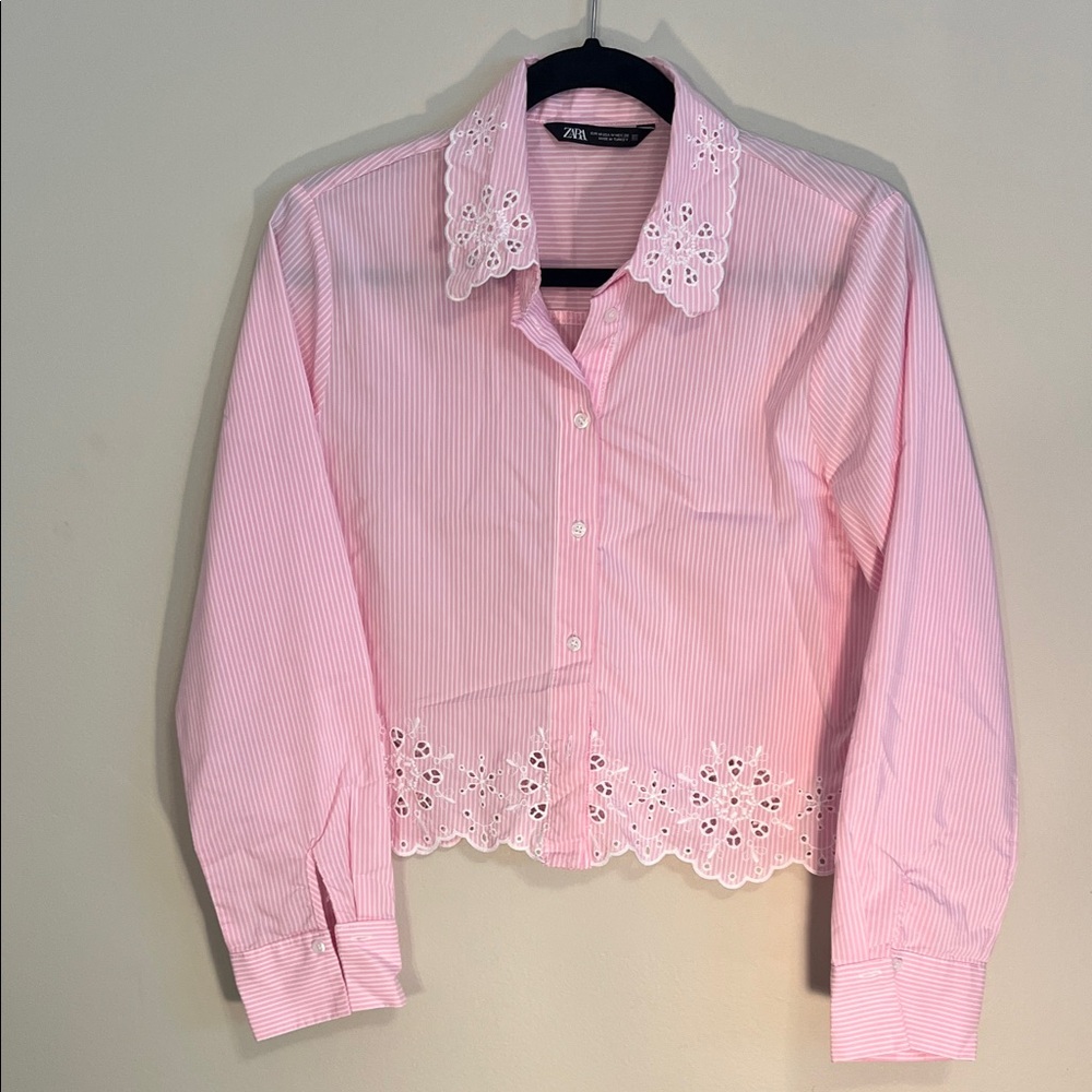 Zara Pink Blouse with White Lace Details